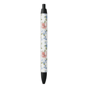 Pretty Red Blue Flowers Black Ink Pen