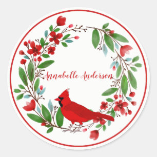 Pretty Red Cardinal and Wreath Personalise  Classic Round Sticker