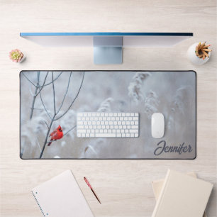Pretty Red Cardinal Winter Snow Bird Elegant Desk Mat