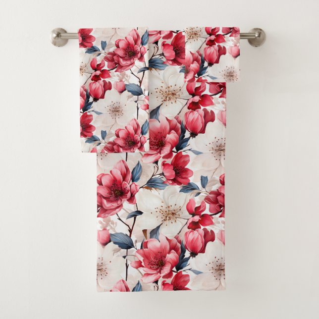 Pretty Red Cherry Floral Pattern Bath Towel Set (Insitu)