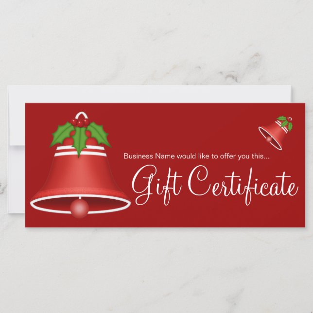 Pretty Red Christmas Bell Holiday Gift Certificate (Front)