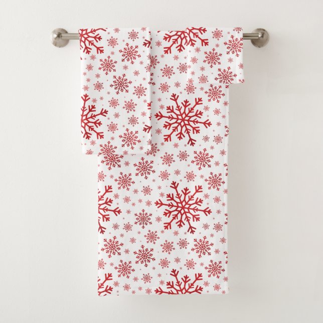 Pretty Red Christmas Snowflakes on Winter White Bath Towel Set (Insitu)