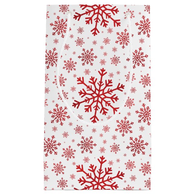 Pretty Red Christmas Snowflakes on Winter White Small Gift Bag (Front)