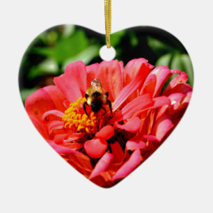 Pretty red floral and honeybee ceramic tree decoration
