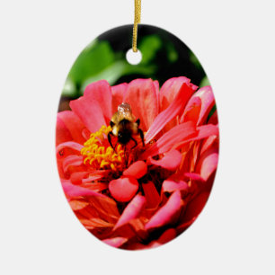 Pretty red floral and honeybee ceramic tree decoration