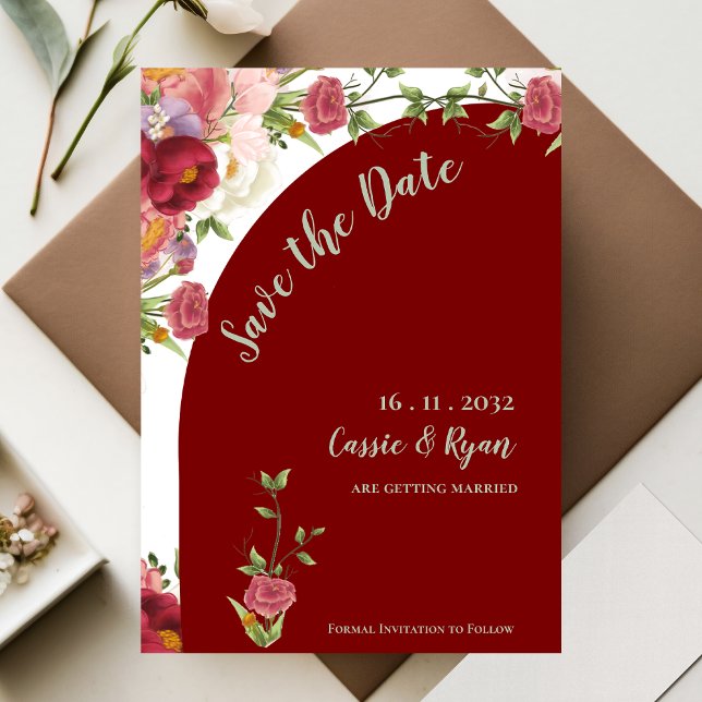 Pretty Red Floral Arch Wedding Save the Date (Pretty Red Floral Arch Wedding Save the Date Invitation )