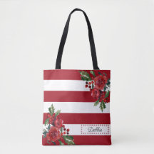 Pretty Red Flowers And Stripes Tote Bag