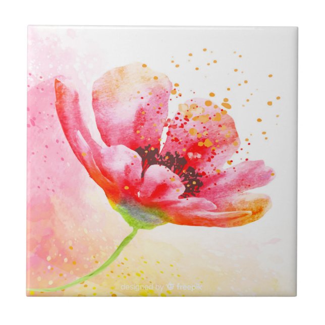 Pretty Red Garden Flower Gold Highlights Art Tile (Front)