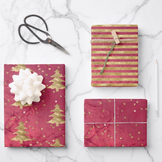 Pretty Red Gold Christmas Trees   Wrapping Paper Sheet (Front)