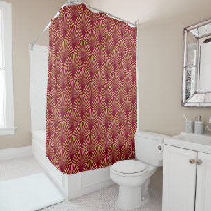 PRETTY RED & GOLD FAN LOOK ART DECO PATTERNS SHOWER CURTAIN