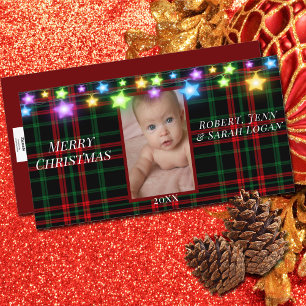  Pretty Red Green Plaid Star Lights Add Photo Holiday Card