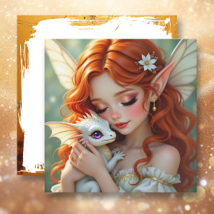 Pretty Red Haired Fairy with Dragon Card