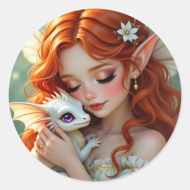 Pretty Red Haired Fairy with Dragon  Classic Round Sticker (Front)