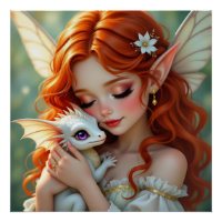 Pretty Red Haired Fairy with Dragon