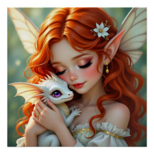 Pretty Red Haired Fairy with Dragon Poster