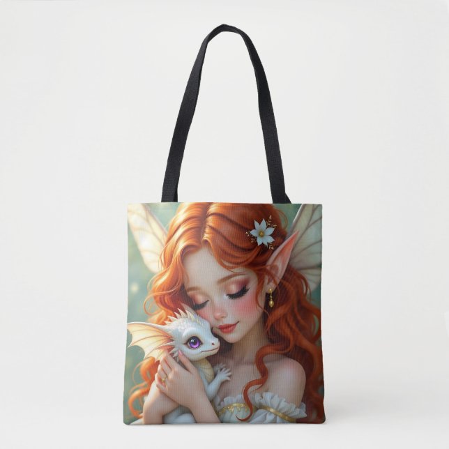 Pretty Red Haired Fairy with Dragon Tote Bag (Front)