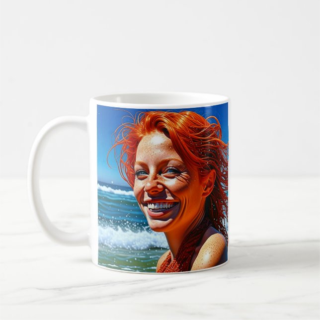 Pretty Red Haired Lady at Beach Personalised Coffee Mug (Left)