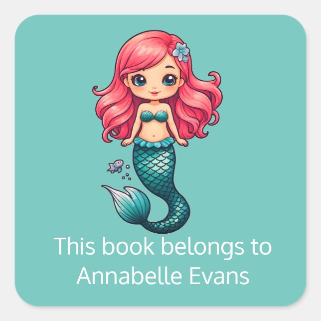 Pretty Red-haired Mermaid Bookplate Sticker (Front)