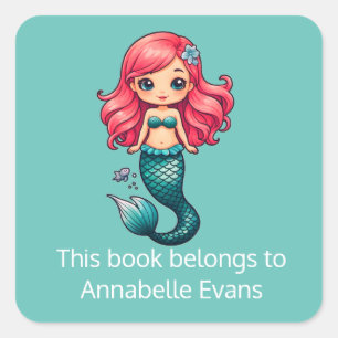 Pretty Red-haired Mermaid Bookplate Sticker