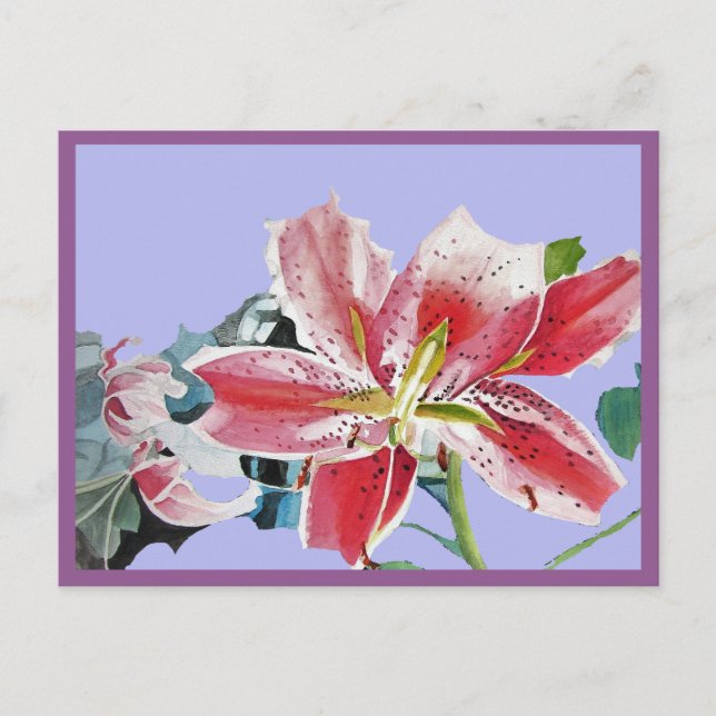 Pretty Red Lily Watercolor Lilac Birthday Postcard (Front)