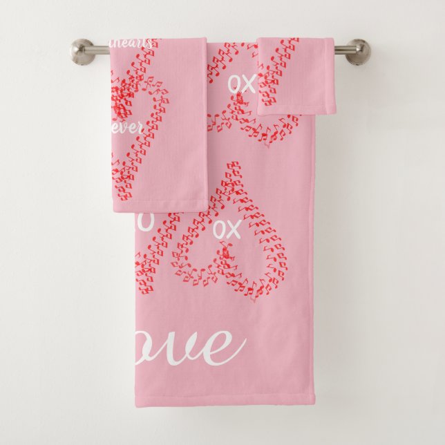 Pretty Red Musical Hearts Pink Bath Towel Set (Insitu)