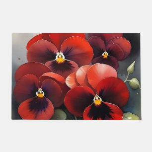Pretty red pansies watercolor painting doormat