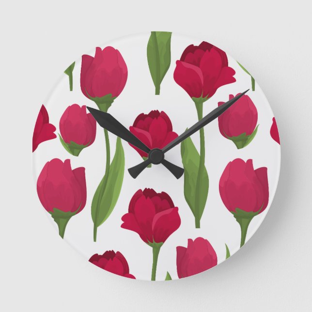 Pretty Red & Pink Botanical Roses Floral Round Clock (Front)