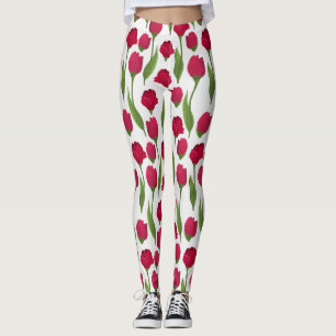 Pretty Red Pink Botanical Roses Leggings