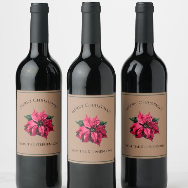 Pretty Red Poinsettia Christmas Flower Custom Name Wine Label (Creator Uploaded)