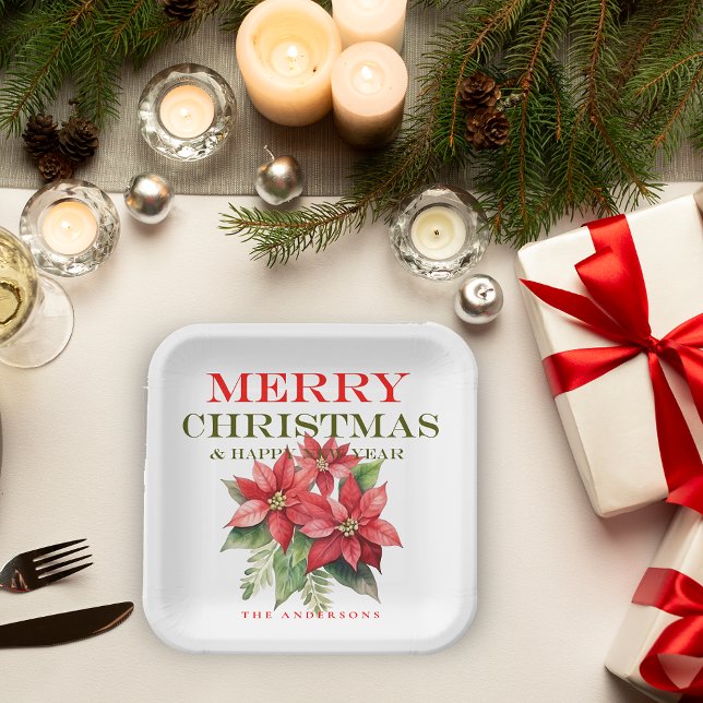 Pretty Red Poinsettia Flower Merry Christmas Party Paper Plate (Pretty Red Poinsettia Flower Merry Christmas Party Paper Plates)