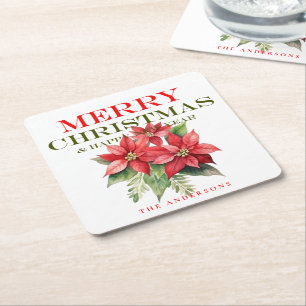Pretty Red Poinsettia Flower Merry Christmas Party Square Paper Coaster