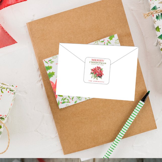 Pretty Red Poinsettia Flower Name Merry Christmas Square Sticker (Creator Uploaded)