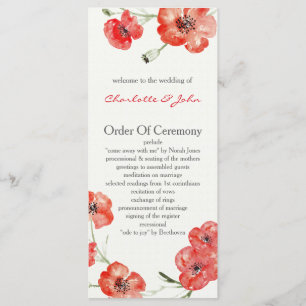 Pretty Red Poppies floral wedding programs Programme