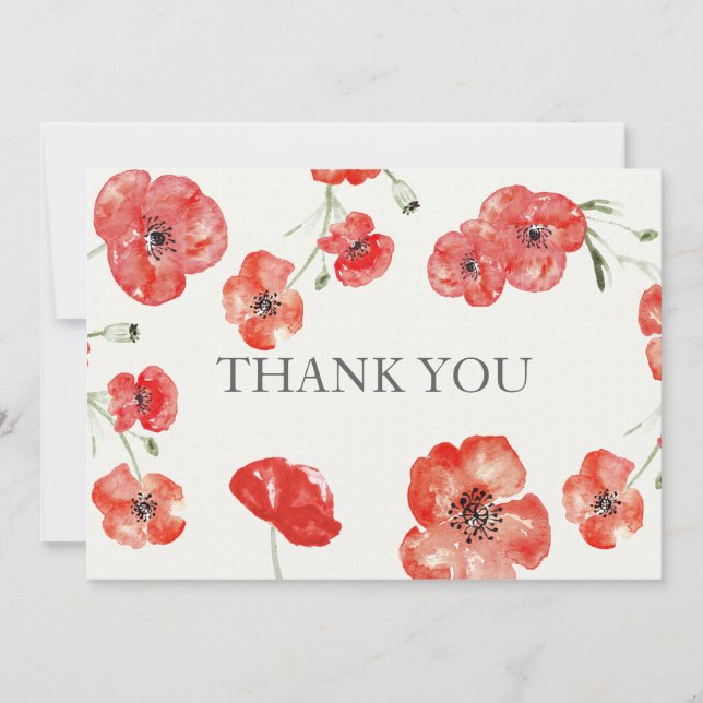 Pretty Red Poppies floral wedding Thank You (Front)