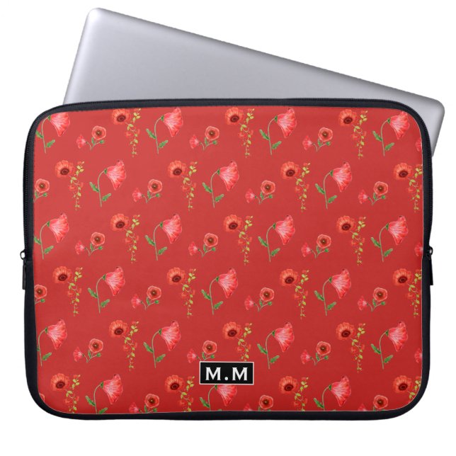 Pretty Red Poppies Pattern Monogram Laptop Sleeve (Front)