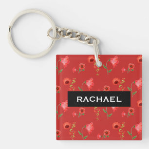 Pretty Red Poppies Pattern Personalised Key Ring