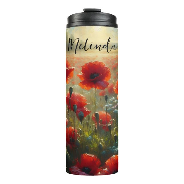 Pretty Red Poppy Field on a Summer Day Thermal Tumbler (Front)