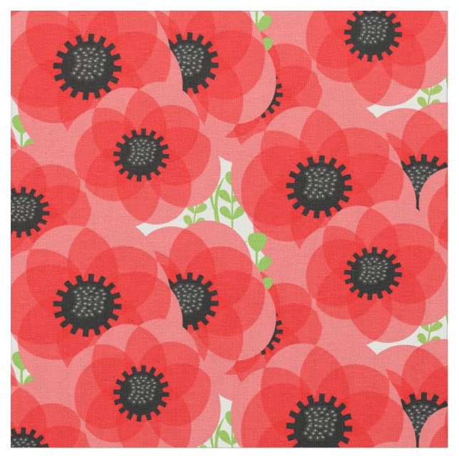 Pretty Red Poppy Summer Floral Print Fabric (Close Up)