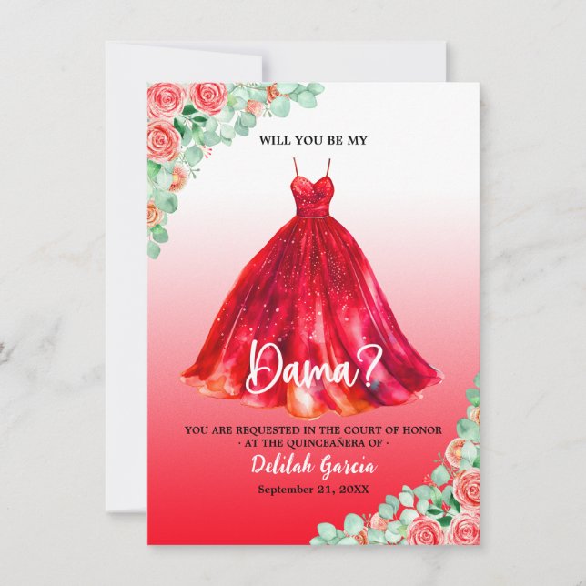 Pretty Red Quinceañera Dama Proposal Invitation (Front)