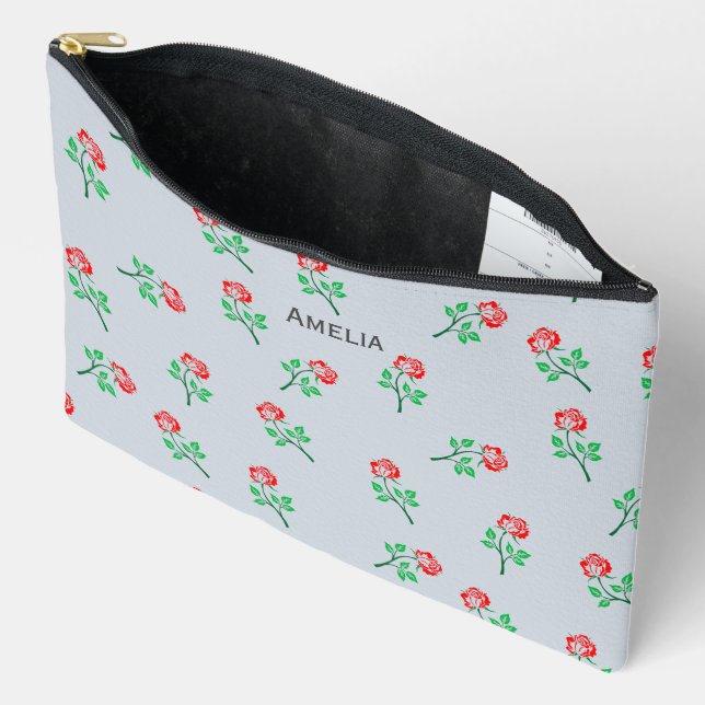 Pretty Red Rose Pattern Pastel Blue Personalised Accessory Pouch (Open)
