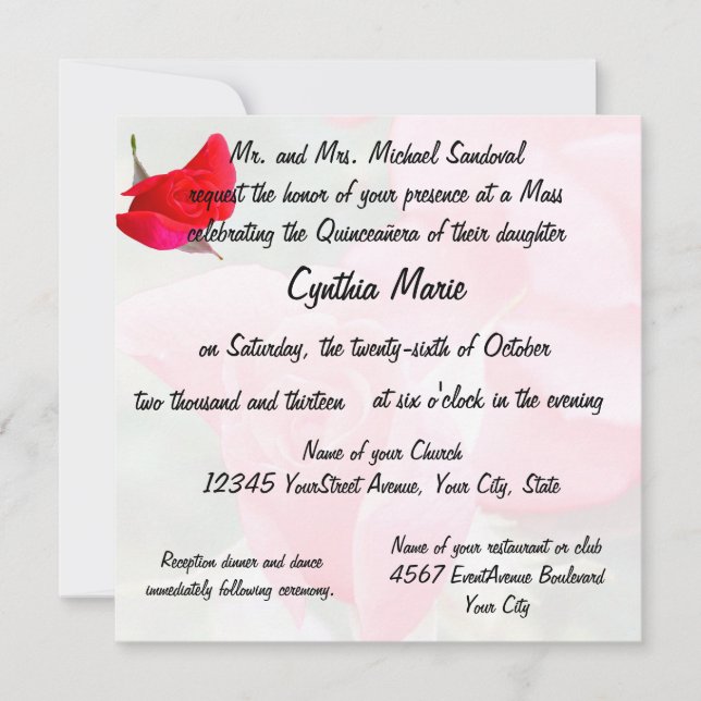 Pretty Red Rose Quinceanera Birthday Invitation (Front)