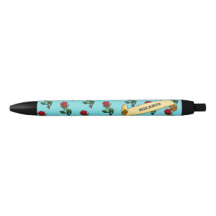 Pretty Red Rose & Ribbon Add Your Name 80s Retro Black Ink Pen