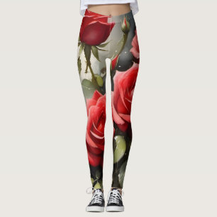 Pretty red roses watercolor painting leggings