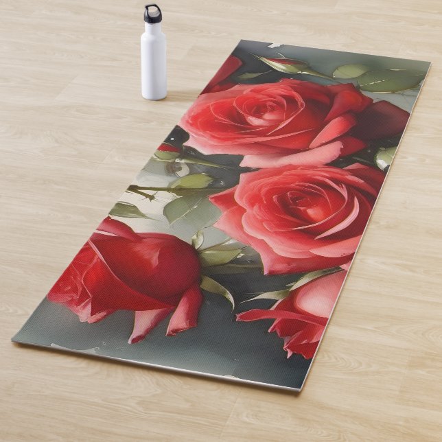 Pretty red roses watercolor painting yoga mat (In Situ)