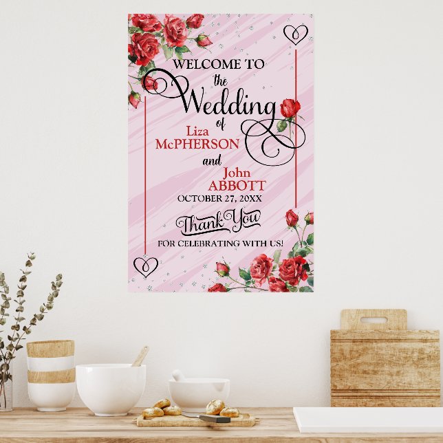Pretty Red Roses Wedding Welcome Poster (Kitchen)