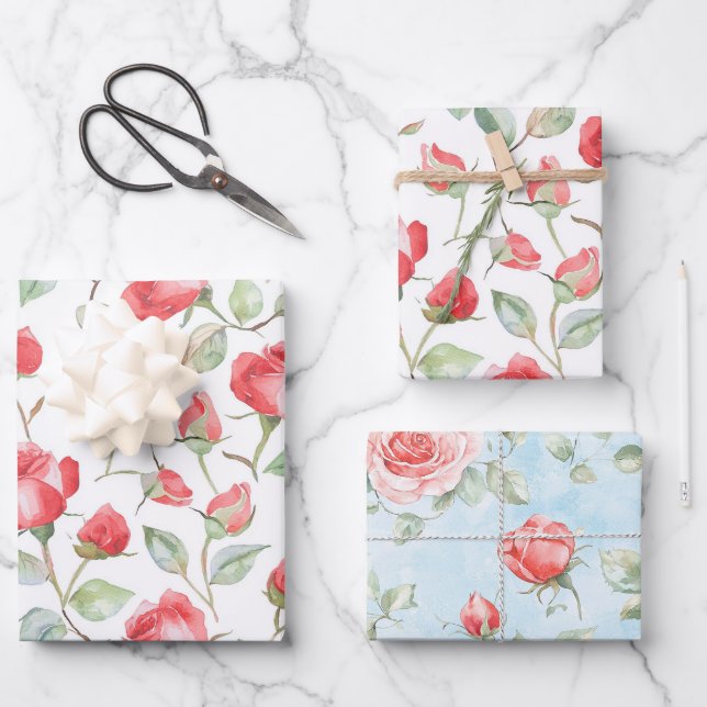 Pretty Red Roses Wedding Wrapping Paper Sheet (Front)