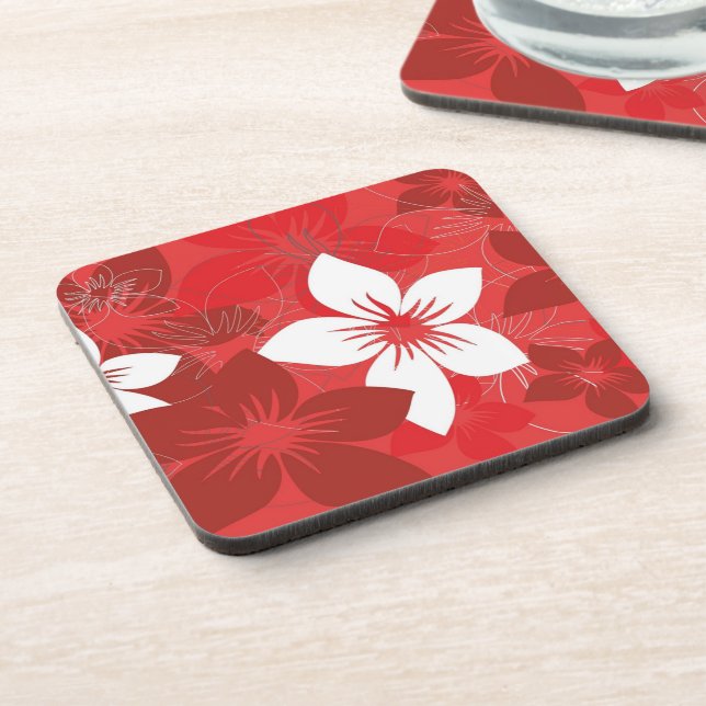 Pretty Red Tropical Flower Pattern Beverage Coaste Coaster (Left Side)