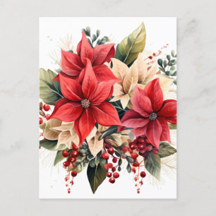 Pretty Red Watercolor Christmas Poinsettia Flowers Postcard
