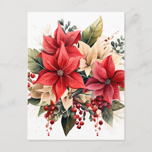 Pretty Red Watercolor Christmas Poinsettia Flowers Postcard (Front)