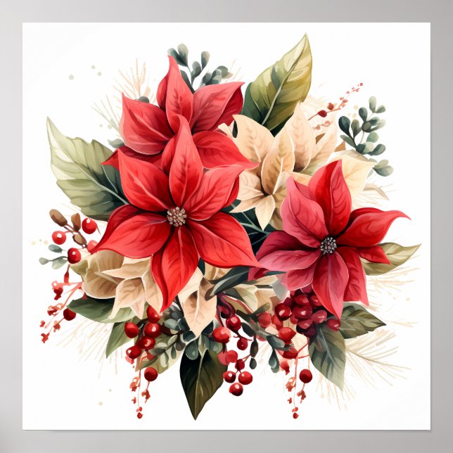 Pretty Red Watercolor Christmas Poinsettia Flowers Poster (Front)